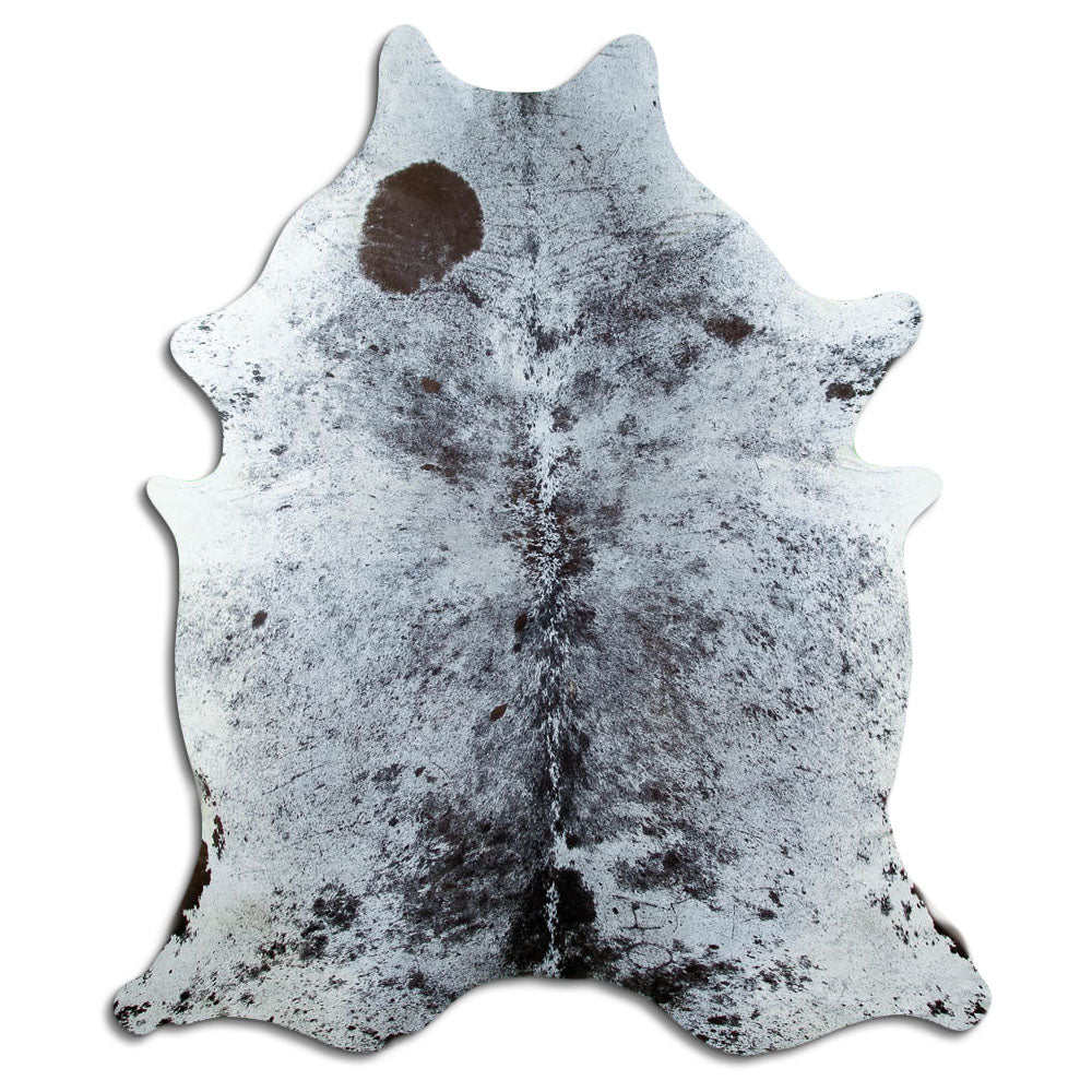 Salt and pepper cowhide rug of about 230 × 190 cm, seen from above: the exact hide you receive