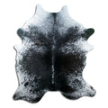 Salt and pepper cowhide rug of about 210 × 170 cm, seen from above: the exact hide you receive