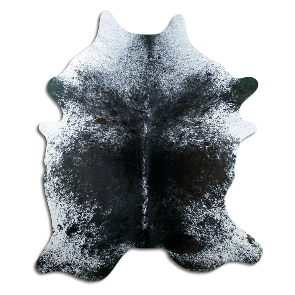 Salt and pepper cowhide rug of about 210 × 170 cm, seen from above: the exact hide you receive
