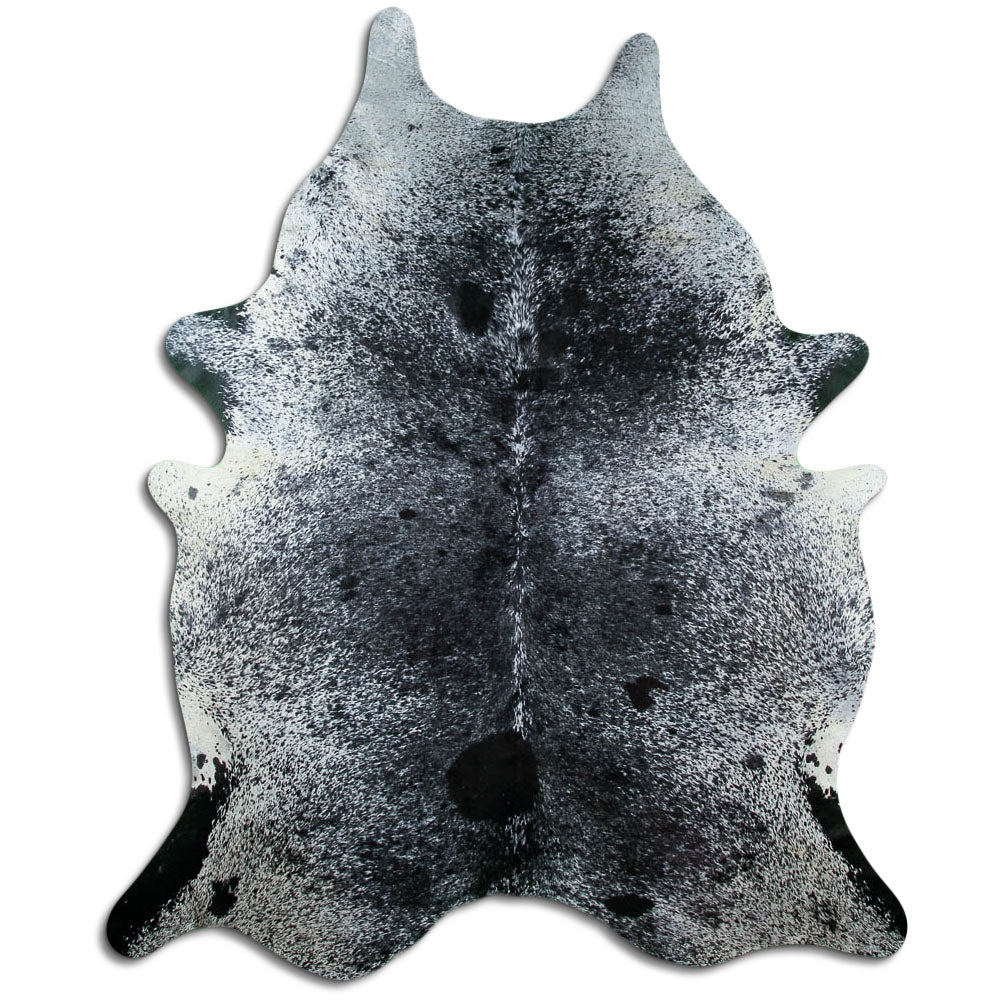 Salt and pepper cowhide rug of about 230 × 190 cm, seen from above: the exact hide you receive
