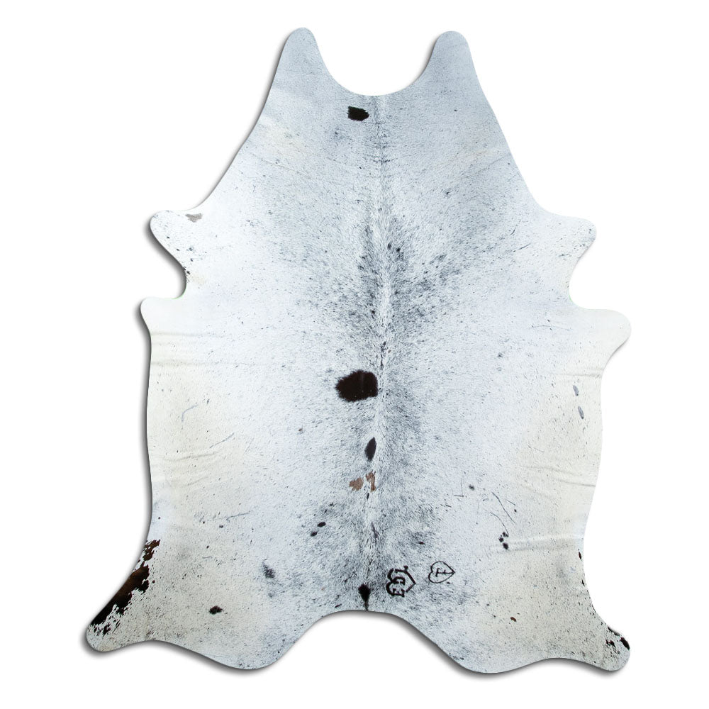 Salt and pepper cowhide rug of about 220 × 190 cm, seen from above: the exact hide you receive