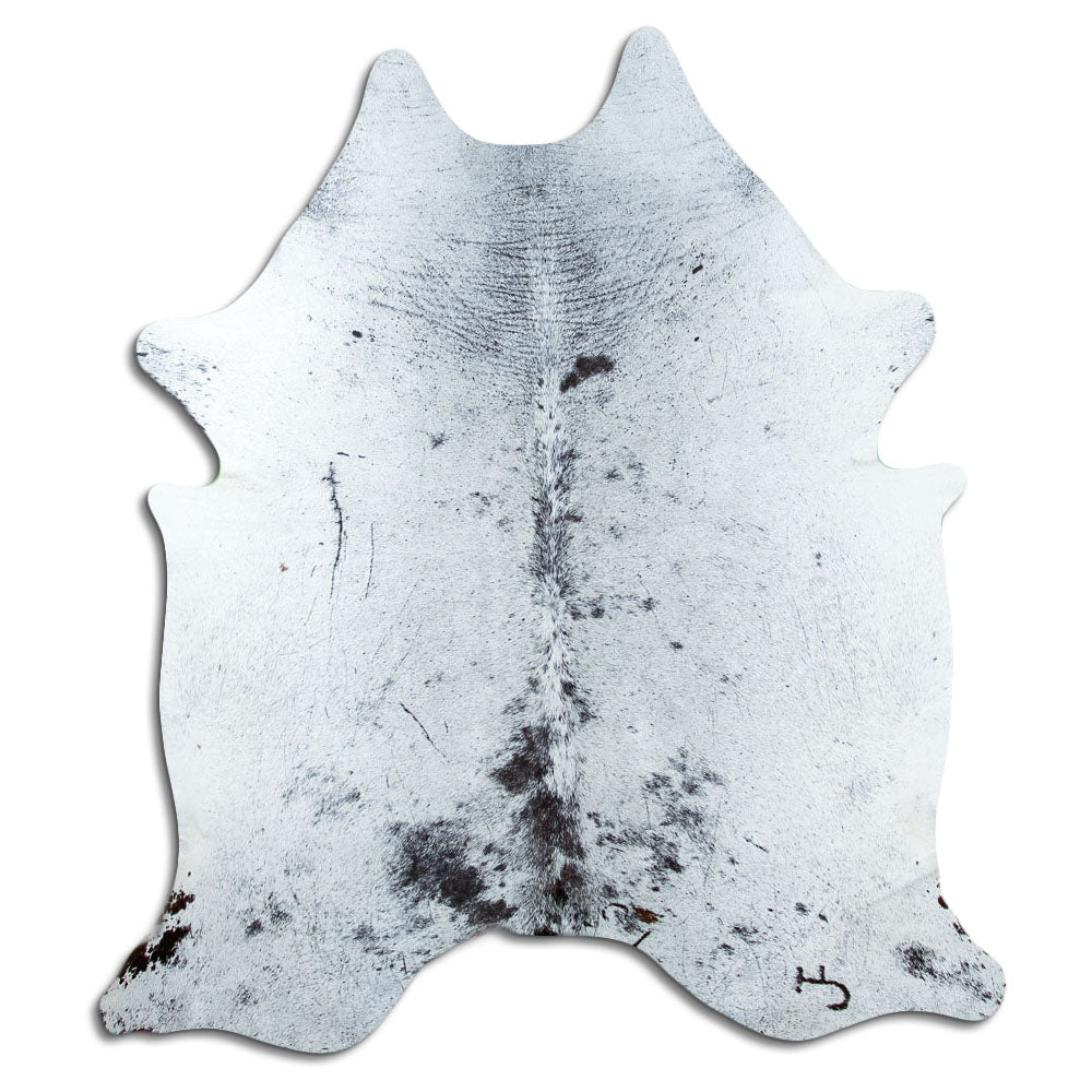 Salt and pepper cowhide rug of about 230 × 200 cm, seen from above: the exact hide you receive