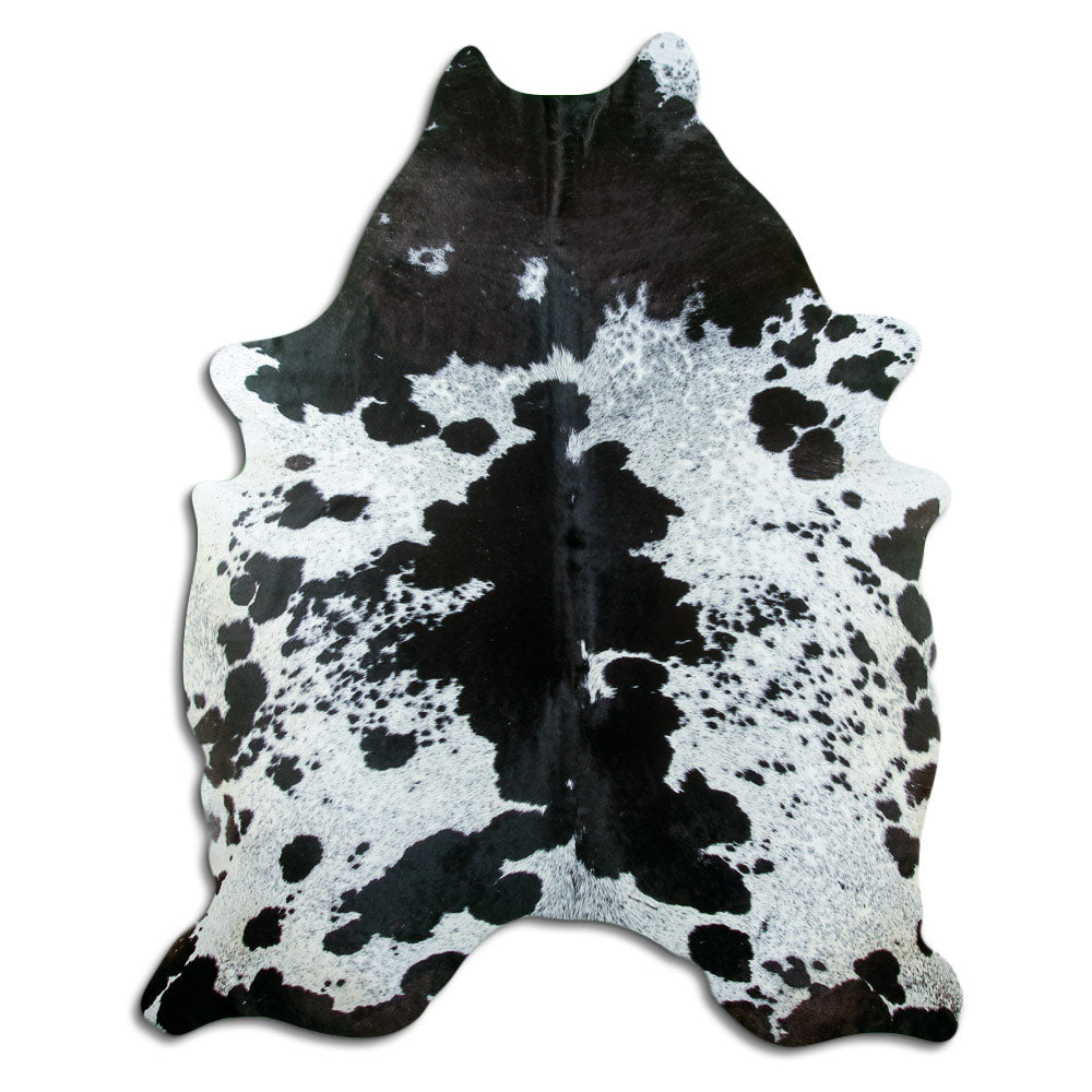 Salt and pepper cowhide rug of about 210 × 170 cm, seen from above: the exact hide you receive