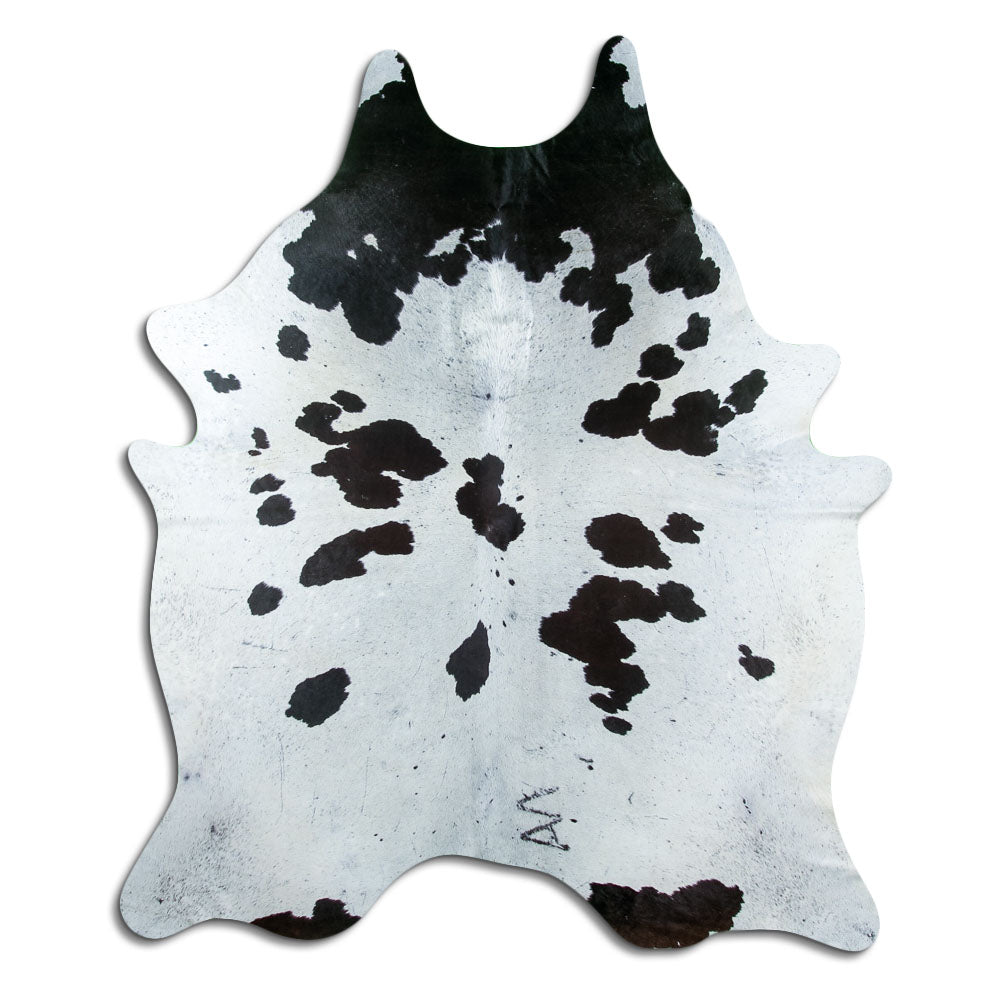 Salt and pepper cowhide rug of about 210 × 180 cm, seen from above: the exact hide you receive