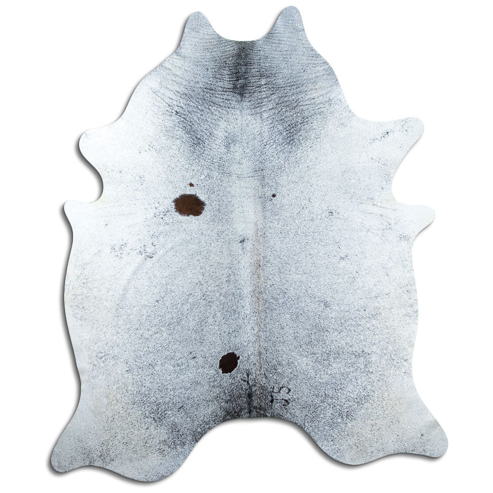 Salt and pepper cowhide rug of about 240 × 200 cm, seen from above: the exact hide you receive