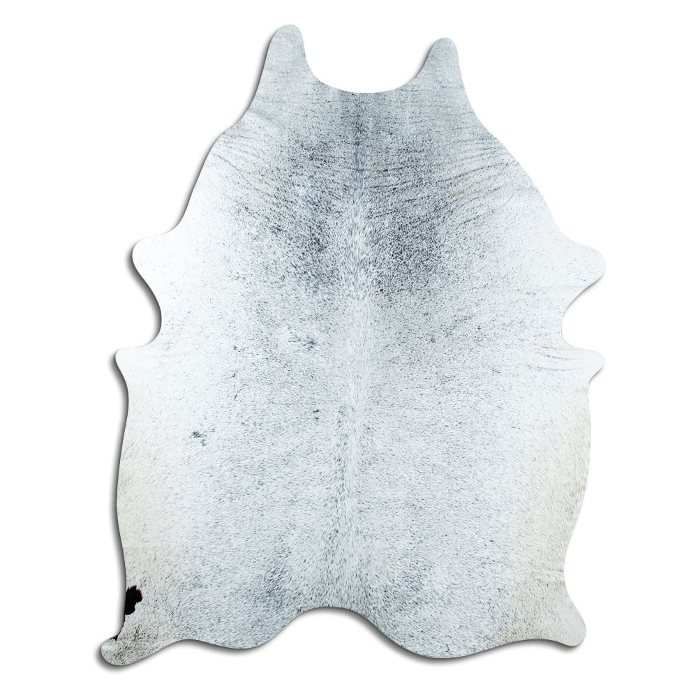 Salt and pepper cowhide rug of about 230 × 170 cm, seen from above: the exact hide you receive