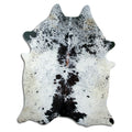 Salt and pepper cowhide rug of about 210 × 170 cm, seen from above: the exact hide you receive