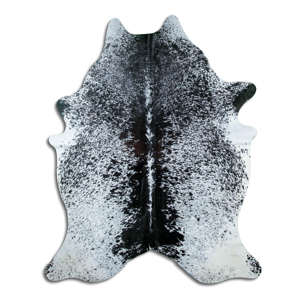 Salt and pepper cowhide rug of about 220 × 170 cm, seen from above: the exact hide you receive