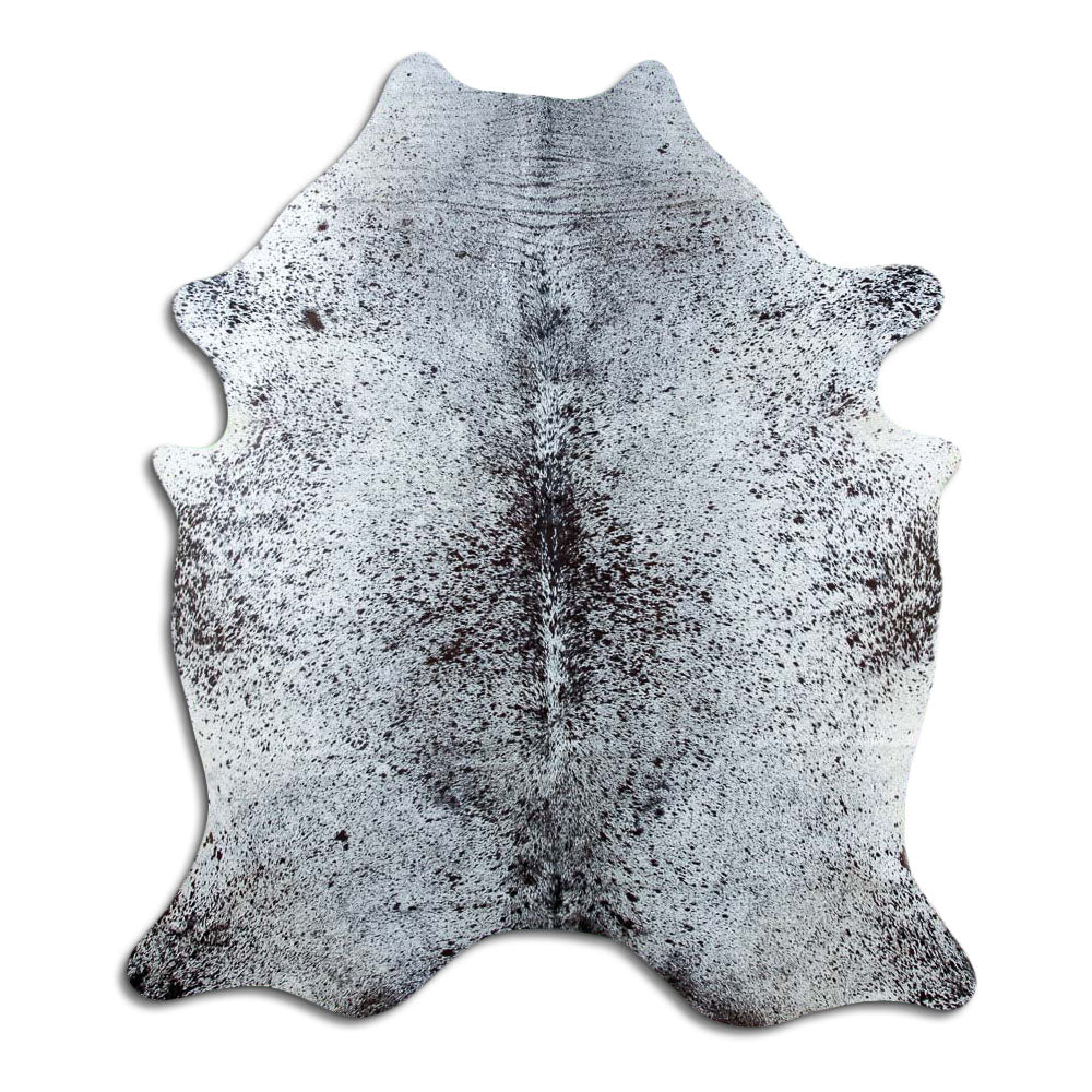 Salt and pepper cowhide rug of about 200 × 170 cm, seen from above: the exact hide you receive