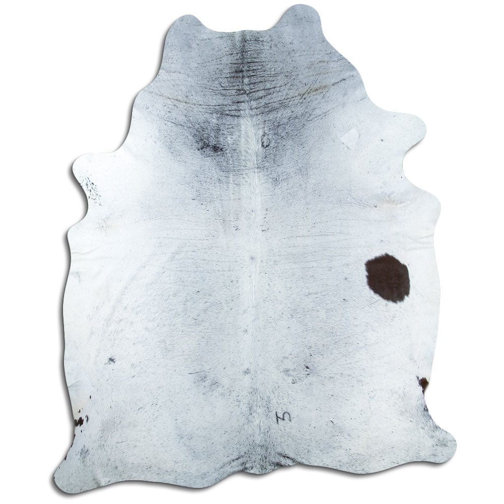Salt and pepper cowhide rug of about 240 × 200 cm, seen from above: the exact hide you receive