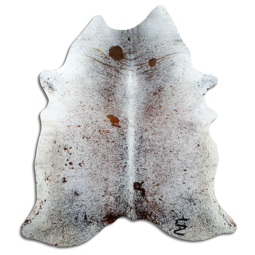 Salt and pepper cowhide rug of about 190 × 180 cm, seen from above: the exact hide you receive