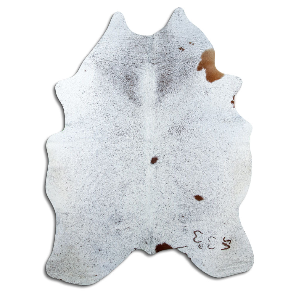 Salt and pepper cowhide rug of about 210 × 160 cm, seen from above: the exact hide you receive