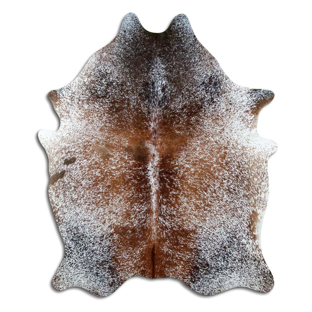Salt and pepper cowhide rug of about 190 × 150 cm, seen from above: the exact hide you receive