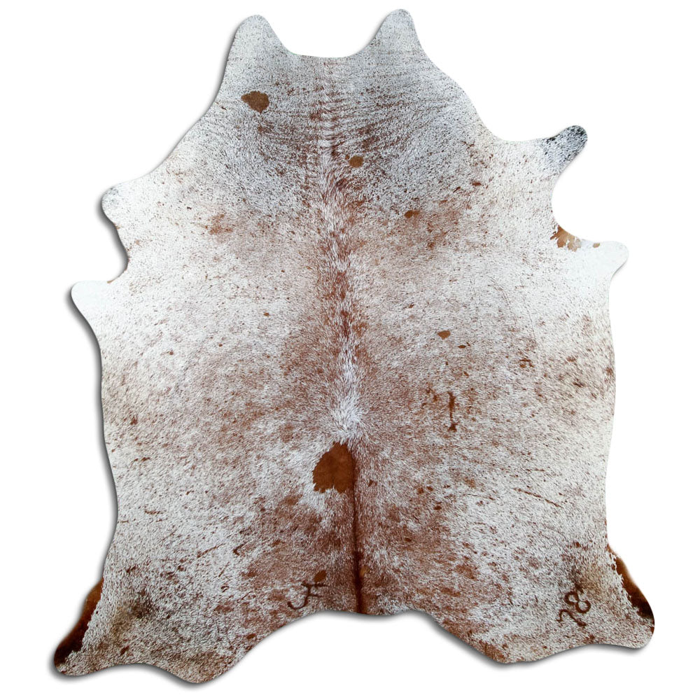 Salt and pepper cowhide rug of about 190 × 170 cm, seen from above: the exact hide you receive