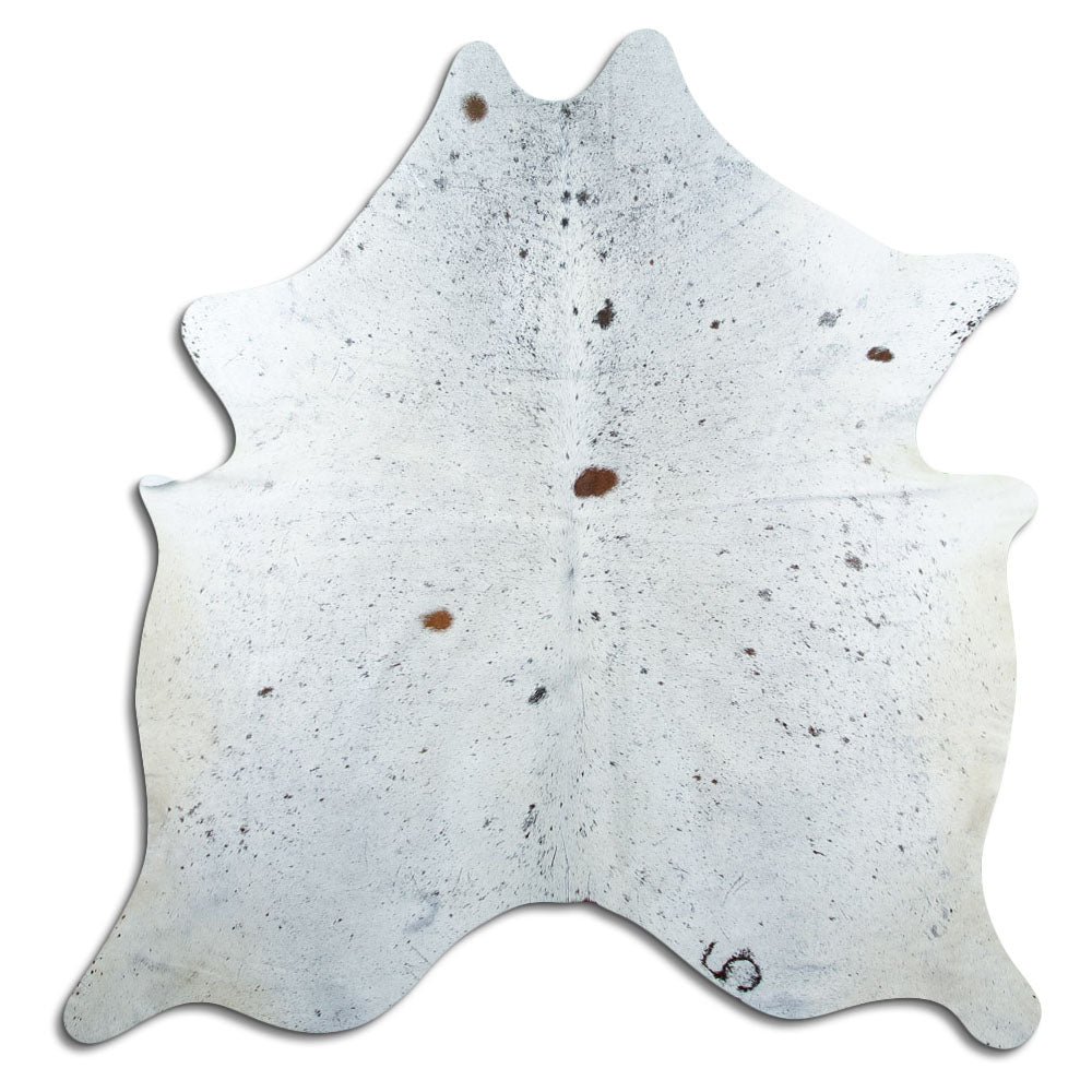 Salt and pepper cowhide rug of about 180 × 170 cm, seen from above: the exact hide you receive