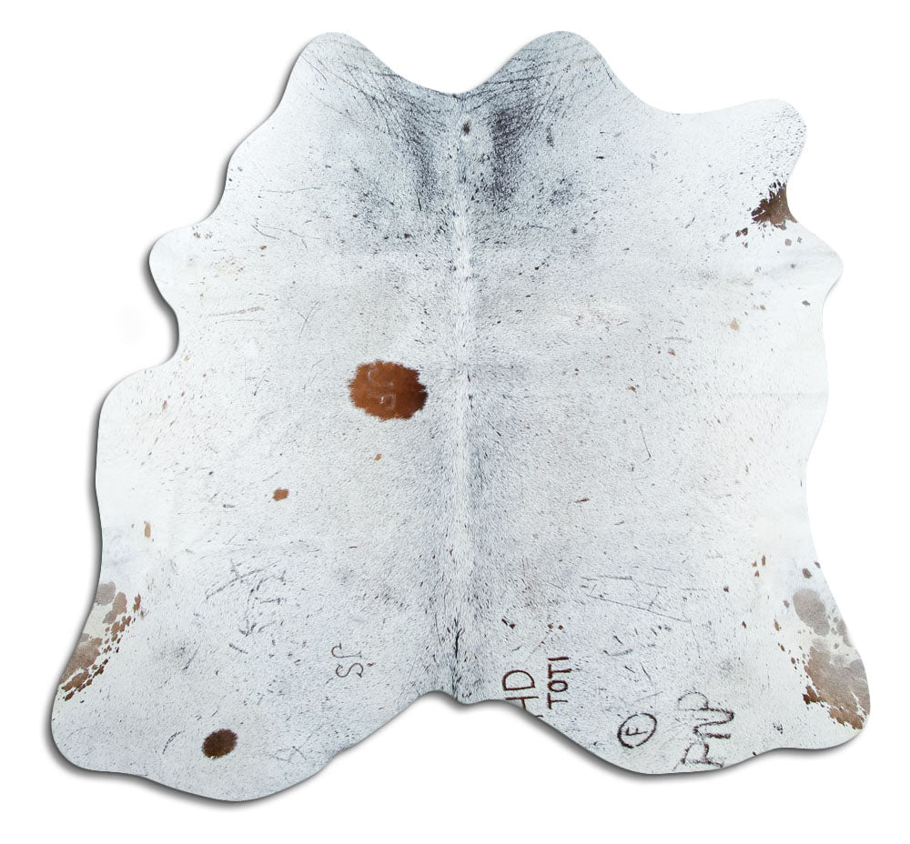 Salt and pepper cowhide rug of about 170 × 180 cm, seen from above: the exact hide you receive