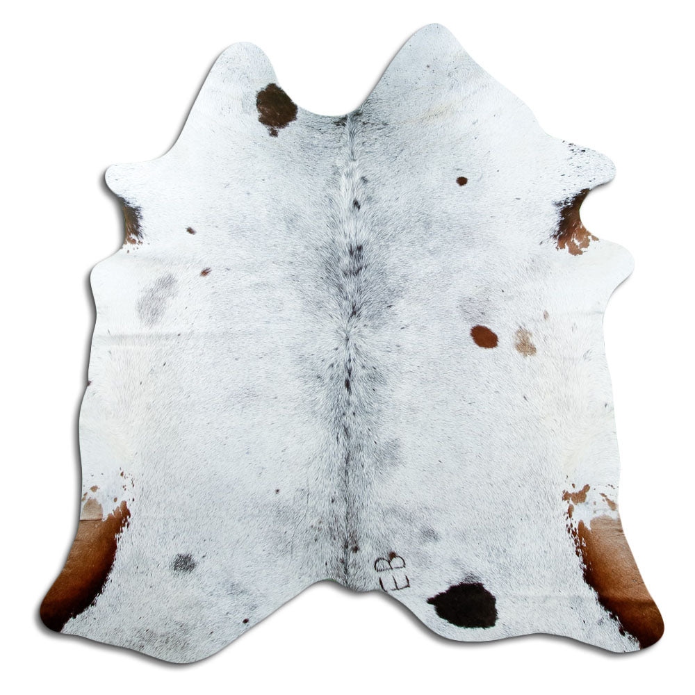 Salt and pepper cowhide rug of about 170 × 170 cm, seen from above: the exact hide you receive