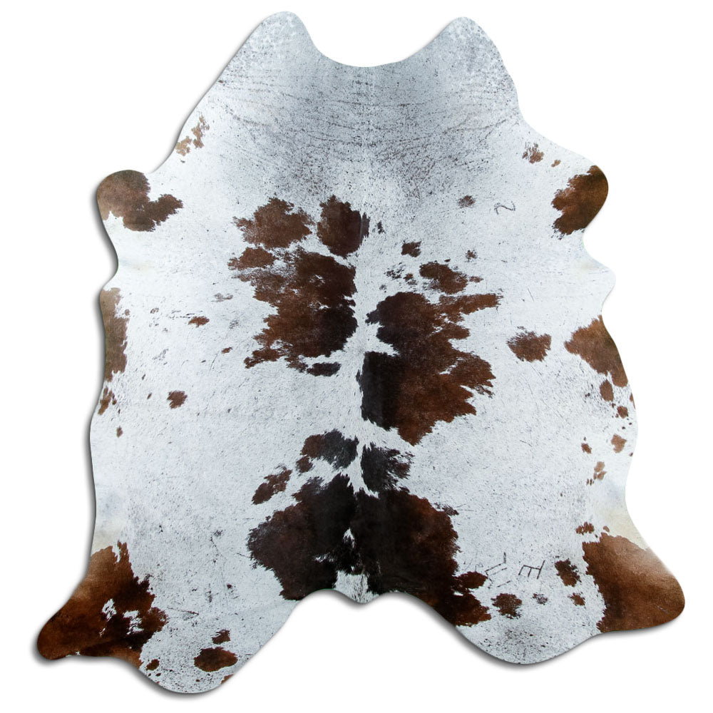 Salt and pepper cowhide rug of about 190 × 180 cm, seen from above: the exact hide you receive