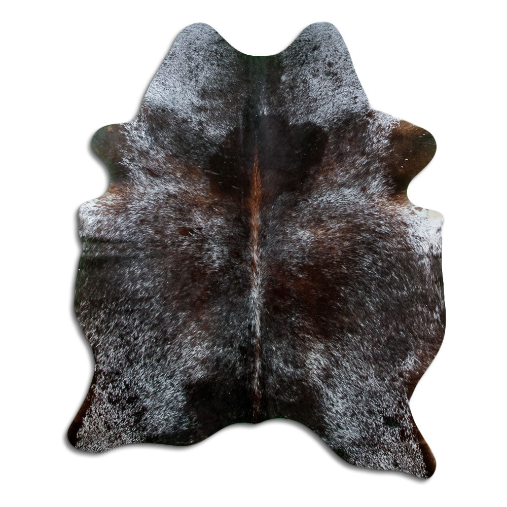 Salt and pepper cowhide rug of about 170 × 140 cm, seen from above: the exact hide you receive