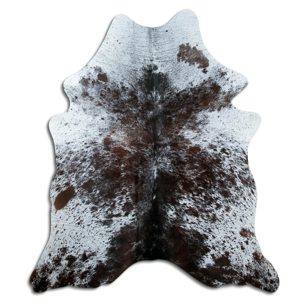 Salt and pepper cowhide rug of about 190 × 160 cm, seen from above: the exact hide you receive