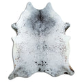 Salt and pepper cowhide rug of about 220 × 180 cm, seen from above: the exact hide you receive