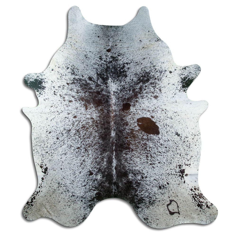 Salt and pepper cowhide rug of about 220 × 190 cm, seen from above: the exact hide you receive