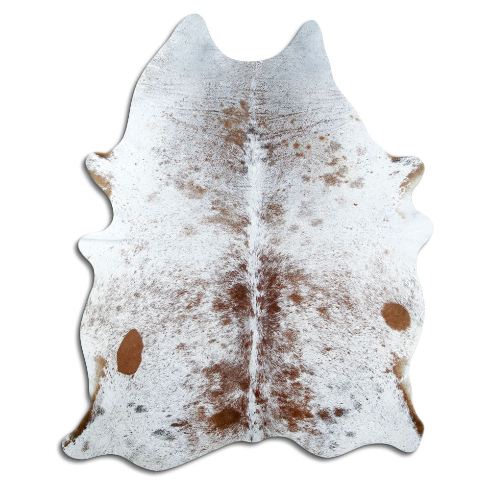 Salt and pepper cowhide rug of about 210 × 160 cm, seen from above: the exact hide you receive