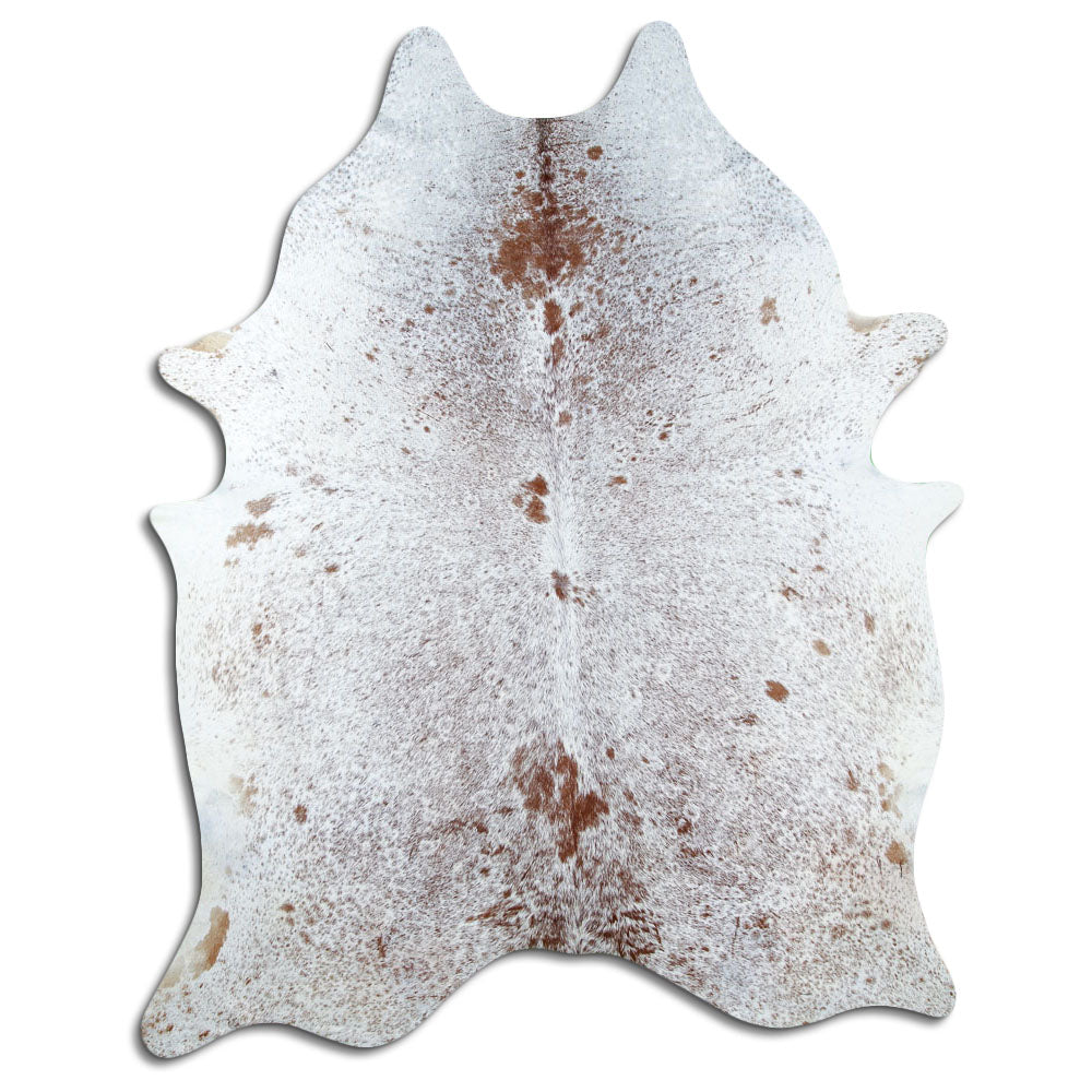 Salt and pepper cowhide rug of about 230 × 180 cm, seen from above: the exact hide you receive