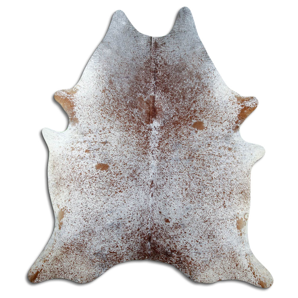 Salt and pepper cowhide rug of about 210 × 190 cm, seen from above: the exact hide you receive