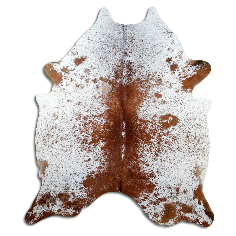 Salt and pepper cowhide rug of about 220 × 190 cm, seen from above: the exact hide you receive