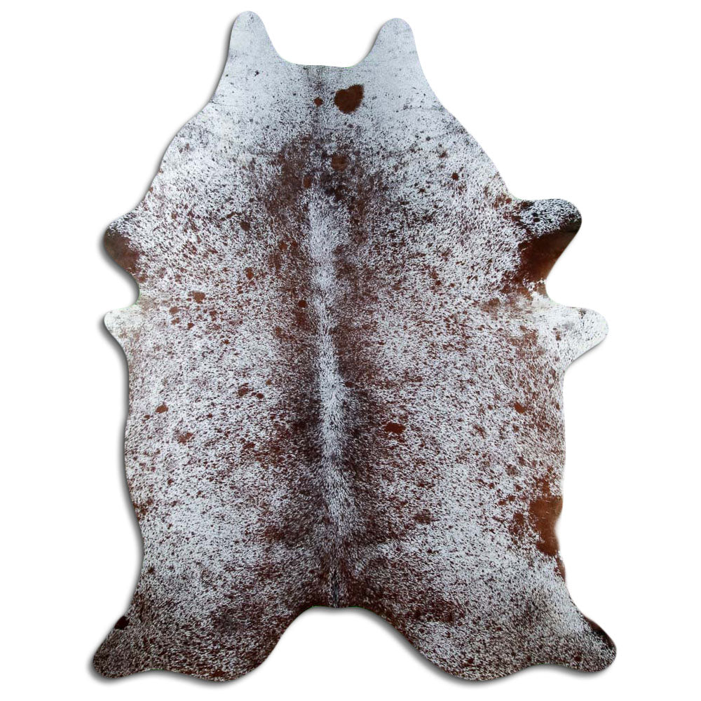 Salt and pepper cowhide rug of about 230 × 180 cm, seen from above: the exact hide you receive
