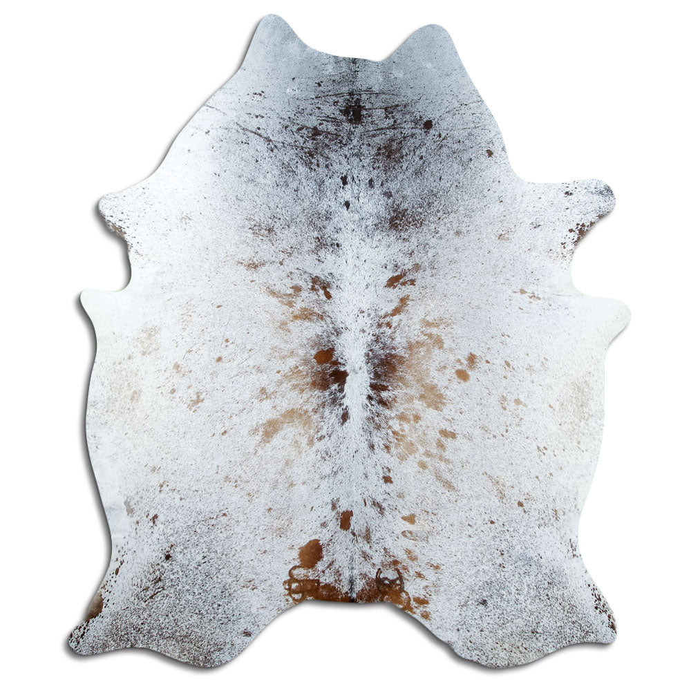Salt and pepper cowhide rug of about 220 × 180 cm, seen from above: the exact hide you receive