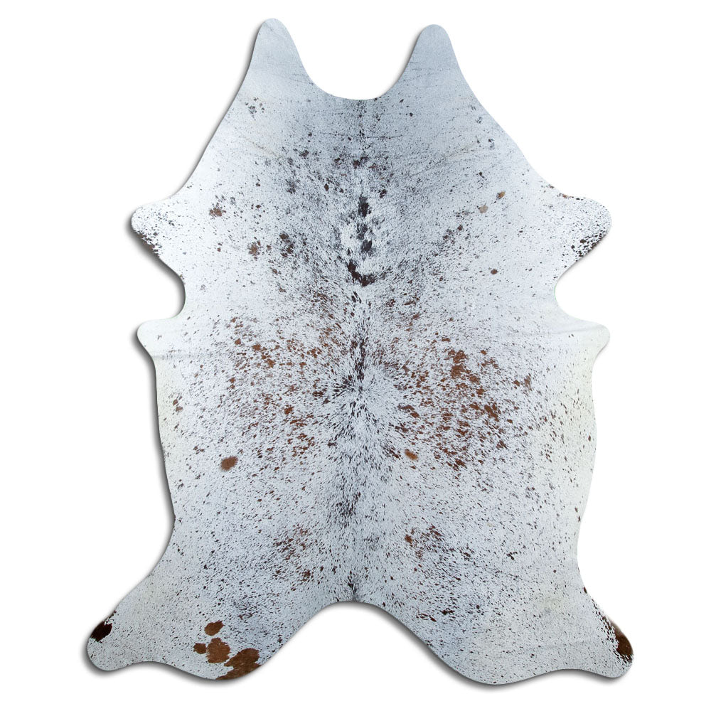 Salt and pepper cowhide rug of about 230 × 190 cm, seen from above: the exact hide you receive