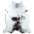 Salt and pepper cowhide rug of about 210 × 180 cm, seen from above: the exact hide you receive