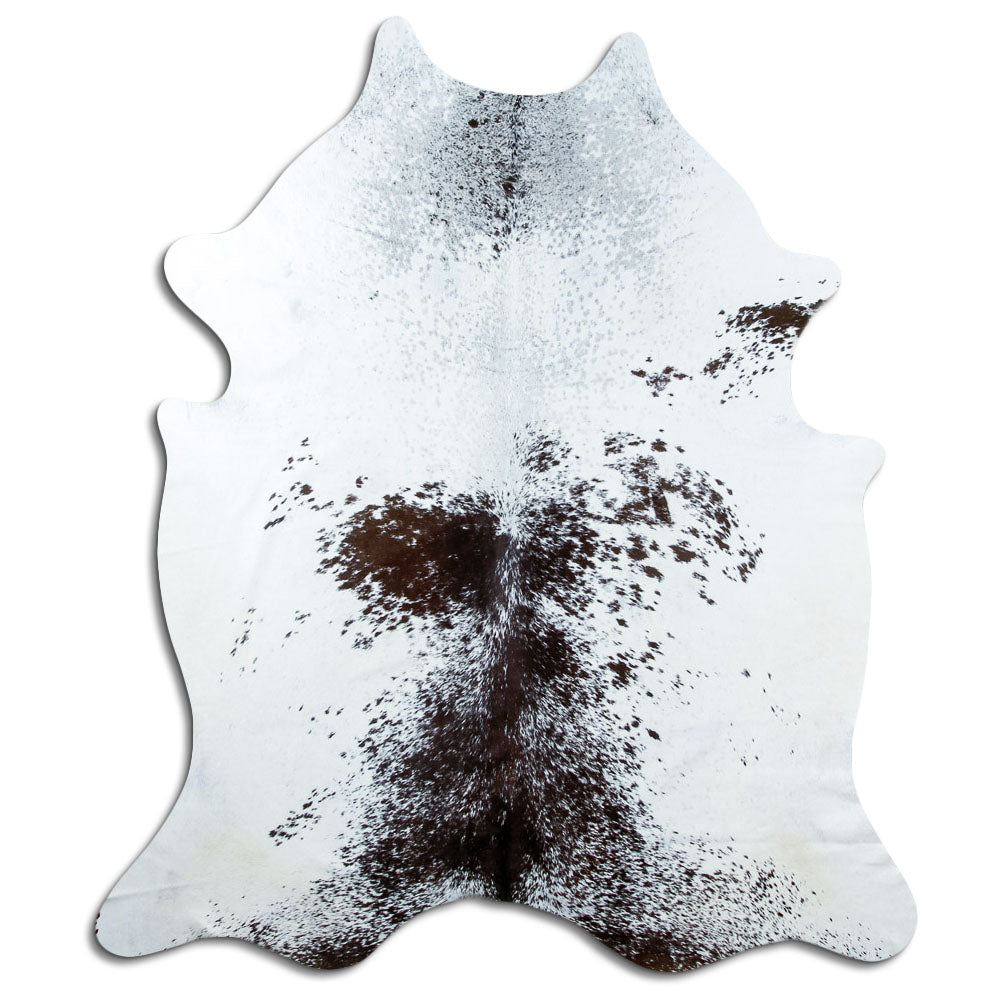 Salt and pepper cowhide rug of about 210 × 180 cm, seen from above: the exact hide you receive