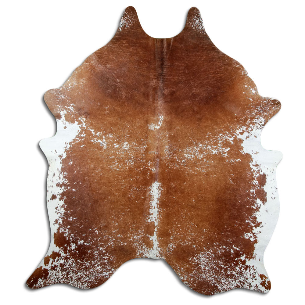 Salt and pepper cowhide rug of about 230 × 190 cm, seen from above: the exact hide you receive