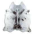 Salt and pepper cowhide rug of about 210 × 190 cm, seen from above: the exact hide you receive