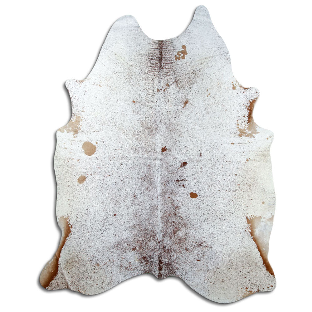 Salt and pepper cowhide rug of about 230 × 180 cm, seen from above: the exact hide you receive