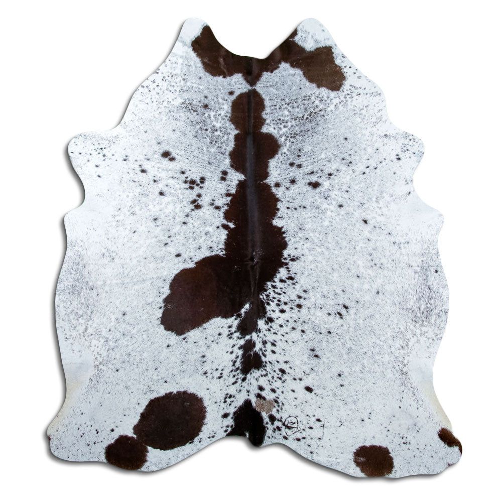 Salt and pepper cowhide rug of about 210 × 190 cm, seen from above: the exact hide you receive