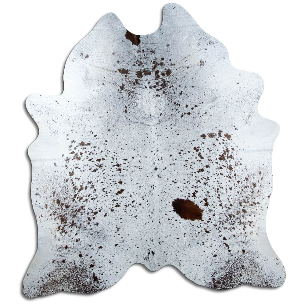 Salt and pepper cowhide rug of about 220 × 200 cm, seen from above: the exact hide you receive