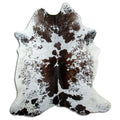 Salt and pepper cowhide rug of about 210 × 180 cm, seen from above: the exact hide you receive