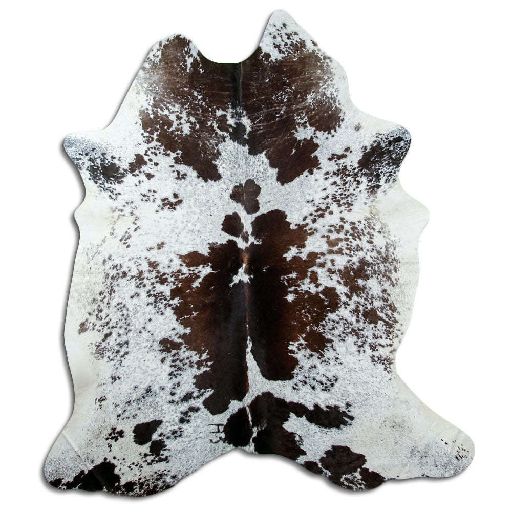 Salt and pepper cowhide rug of about 210 × 180 cm, seen from above: the exact hide you receive