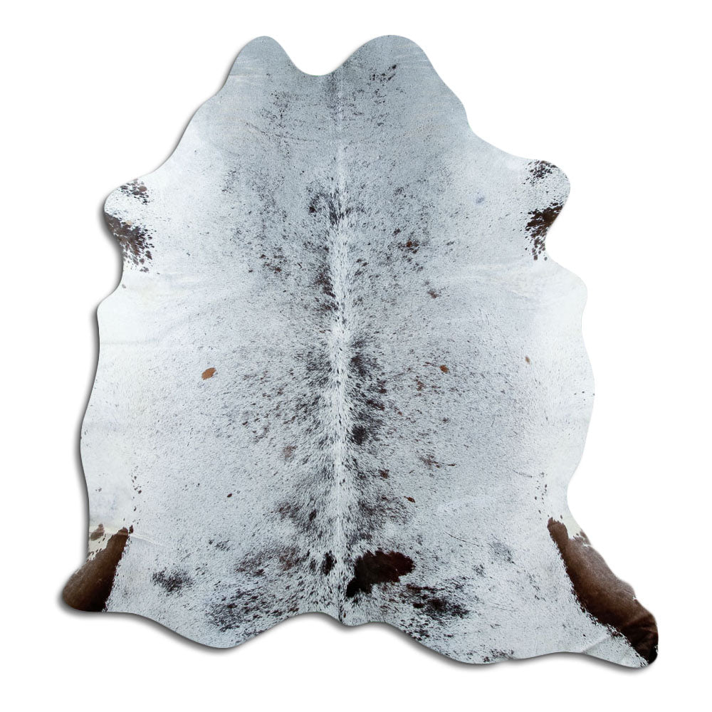 Salt and pepper cowhide rug of about 210 × 200 cm, seen from above: the exact hide you receive