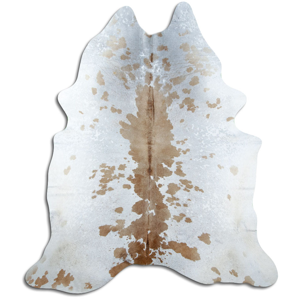 Salt and pepper cowhide rug of about 230 × 200 cm, seen from above: the exact hide you receive
