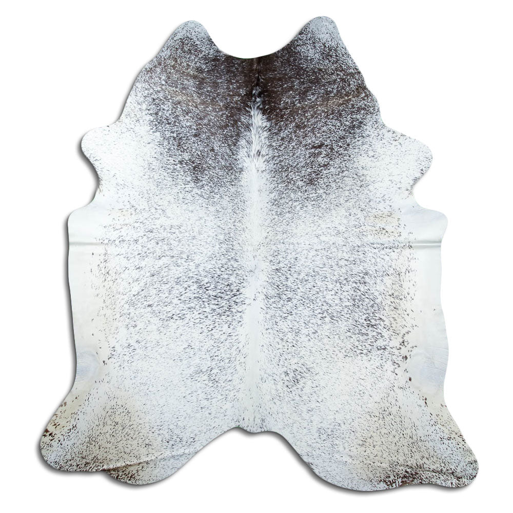 Salt and pepper cowhide rug of about 230 × 210 cm, seen from above: the exact hide you receive