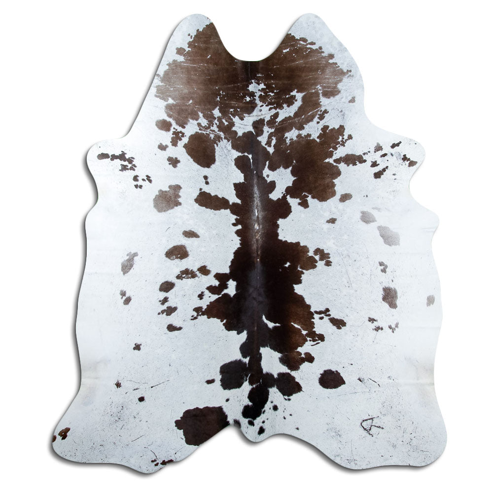 Salt and pepper cowhide rug of about 220 × 190 cm, seen from above: the exact hide you receive