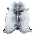 Salt and pepper cowhide rug of about 210 × 190 cm, seen from above: the exact hide you receive