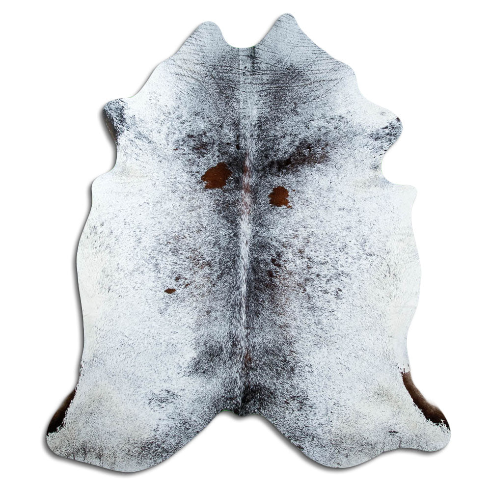 Salt and pepper cowhide rug of about 210 × 190 cm, seen from above: the exact hide you receive