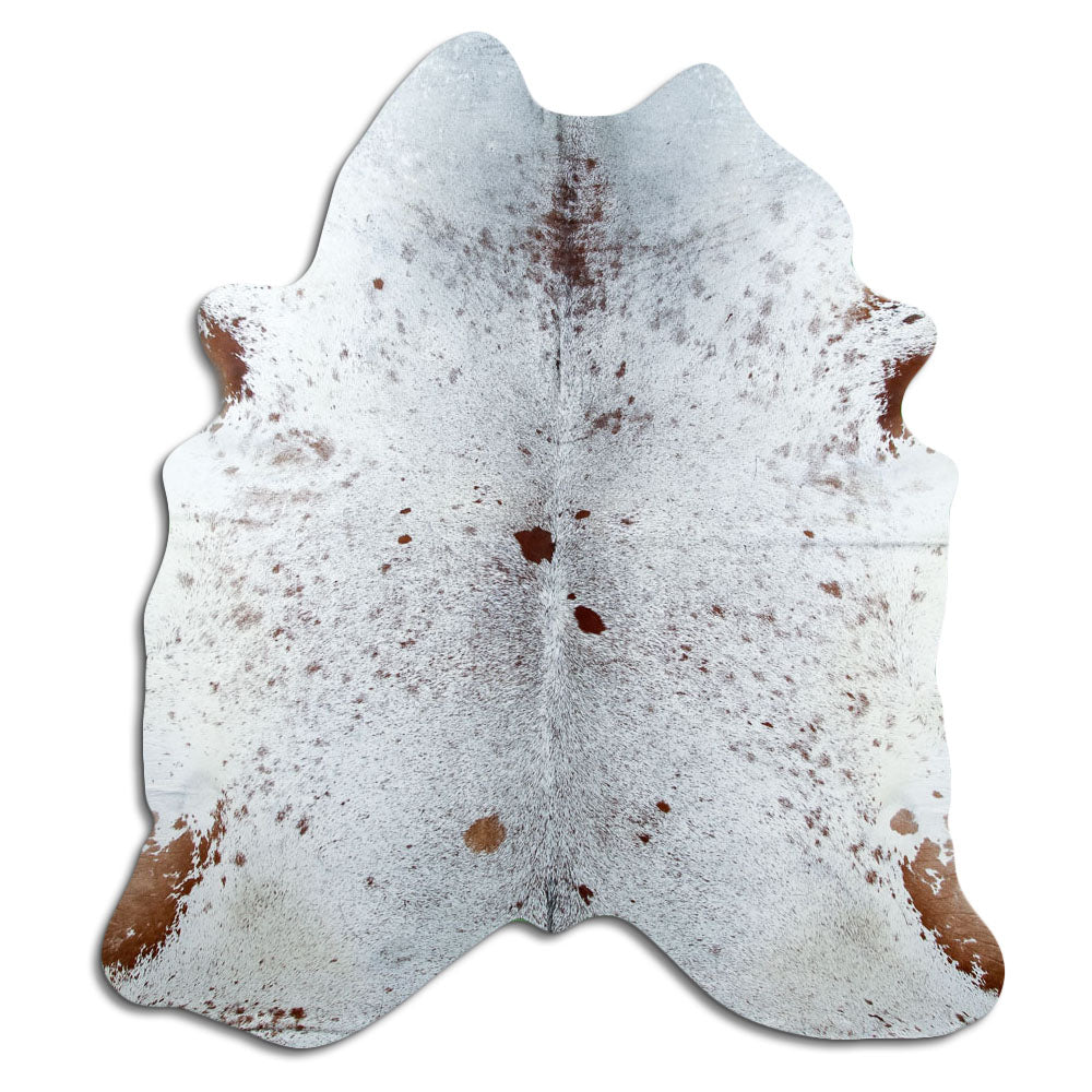 Salt and pepper cowhide rug of about 220 × 200 cm, seen from above: the exact hide you receive