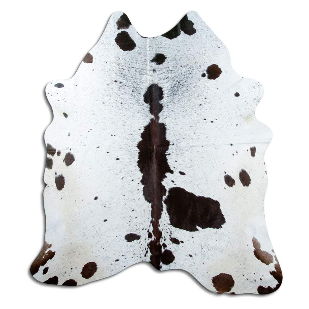 Salt and pepper cowhide rug of about 200 × 180 cm, seen from above: the exact hide you receive